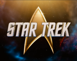 the star trek logo on a starfield.